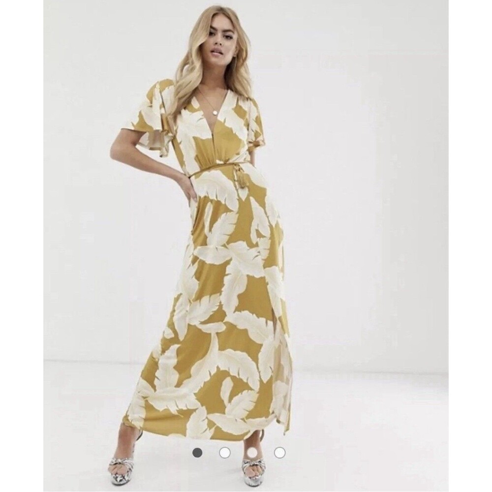 ASOS Nude Brown Maxi Sun Dress Flutter Sleeve Tassel Belt Sz 4 Euro Vacation